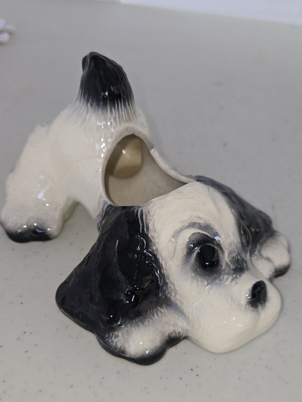 Vintage Ceramic Black and White Dog Figurine Planter